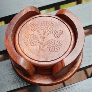 Rosewood and Brass Carved Floral Coaster Set